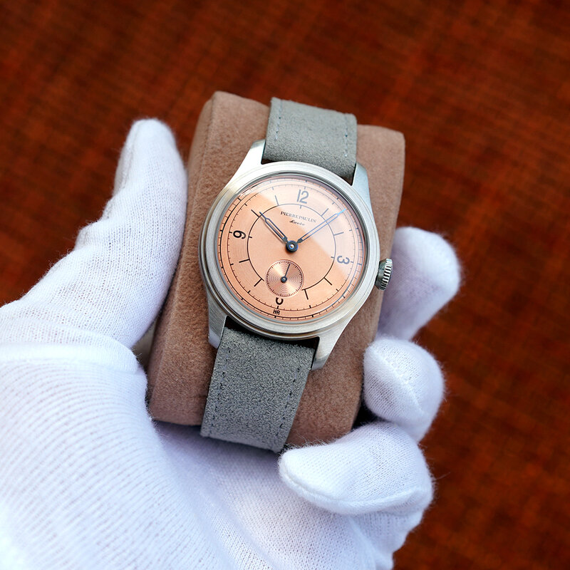 Pierre Paulin montre à cadran saumon 50m montre de plongée en peau Vintage petites secondes montre mécanique à main 38mm Relogio Masculino