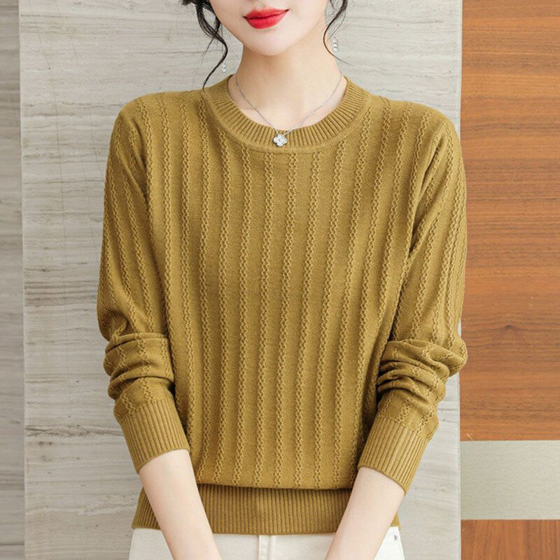 Suéter informal de punto para mujer, jersey de manga larga con cuello redondo, estilo básico Vintage que combina con todo