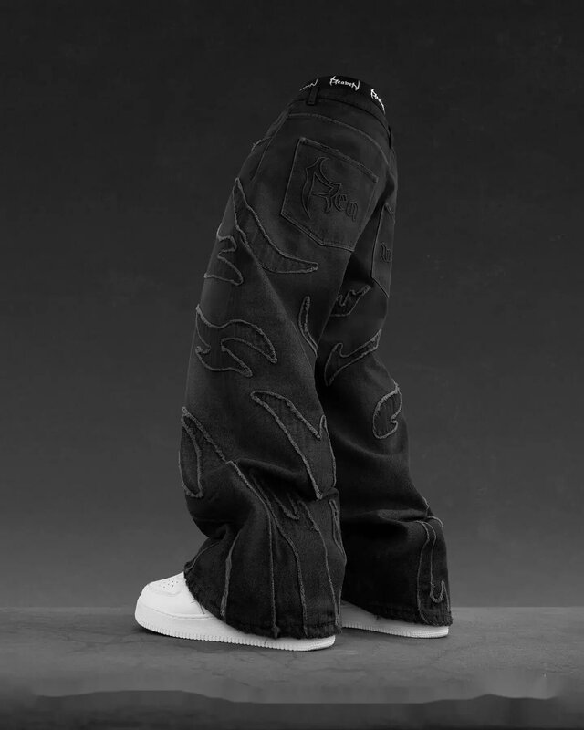 Raw Edge Jeans bordir pola Patchwork Vintage Y2k Retro hitam longgar Jeans untuk pria Hip Hop Punk celana Denim pinggang tinggi