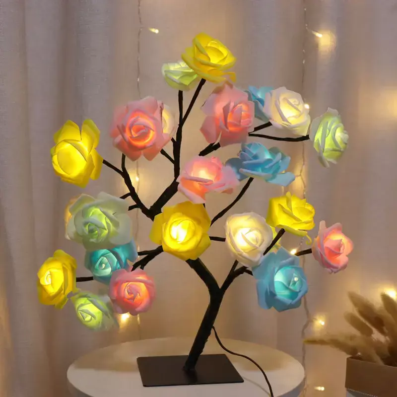 ไฟ LED รูปต้นไม้ดอกกุหลาบ24ดวงโคมไฟตั้งโต๊ะแบบ USB ไฟกลางคืนแบบใบเมเปิลนางฟ้าปาร์ตี้คริสมาสต์งานแต่งงานของขวัญตกแต่งห้องนอน