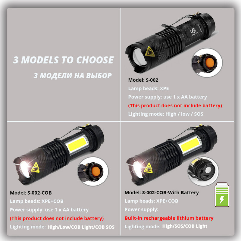 Mini Lanterna LED Recarregável, XPE + COB Lâmpada Beads, 100 m Distância de Iluminação, Usado para Aventura, Camping, Etc