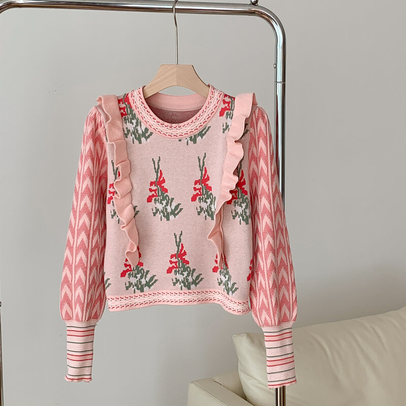 Intage Floral wzburzyć swetry dzianinowe swetry damskie 2023 jesień zima koreański moda elegancki Top z dzianiny Jumper Sueter Mujer