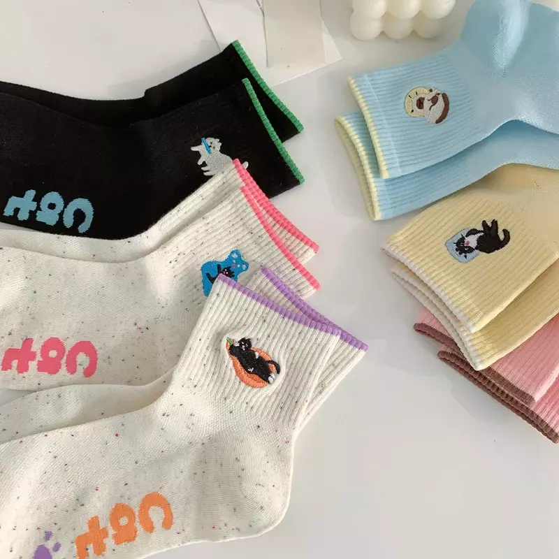 Conjunto de calcetines de malla con bordado de dibujos animados para mujer, medias cortas de estilo coreano, Color caramelo, suaves, 3 pares por lote