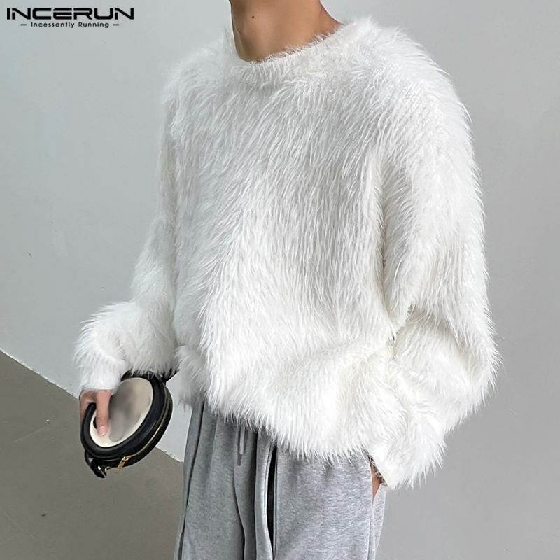 INCERUN Tops 2024 Korean Style Handsome Mens Loose Faux Plush Fabric Pullover Casual Streetwear Solid Long Sleeved Sweater S-5XL