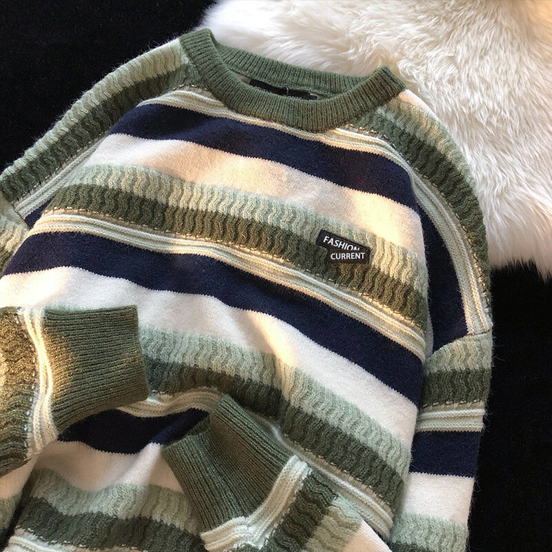 Suéter de punto de estilo Preppy para hombre, jerséis Vintage a rayas, ropa informal Harajuku que combina con todo, otoño e invierno, 2023