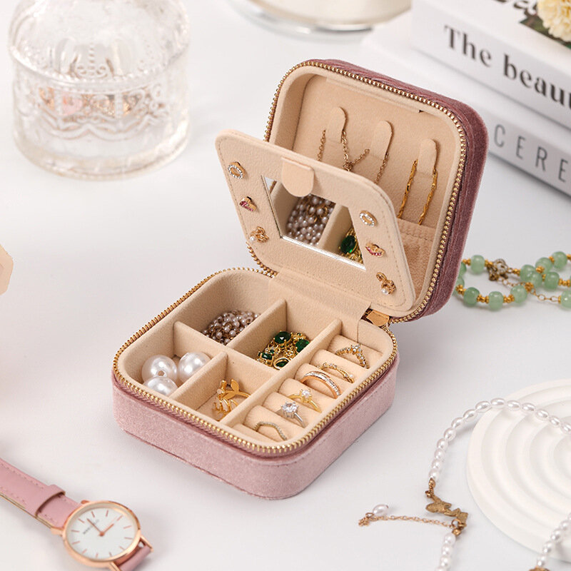 New Plush Velvet Jewelry Box For Women Geometric Sqaure Jewelry Storage Case Necklace Ring Earrings Travel Portable Zipper Boxes