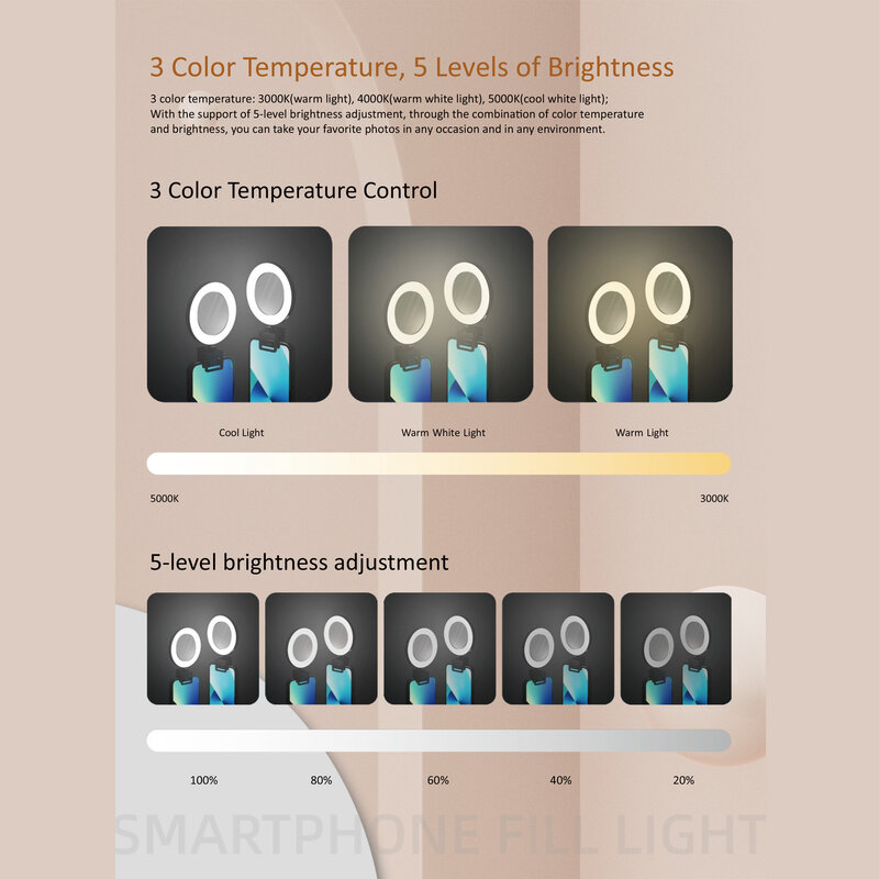 Anillo de luz LED para Selfie con batería recargable de 600mA, 3 temperaturas de Color, 7 niveles de brillo, luz de relleno para teléfono móvil