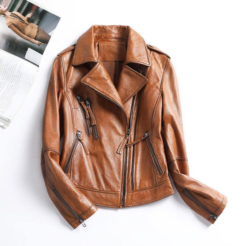 Lady Sheepskin Leather Jackets Fashion Solid Motorcycle Real Leather Coats Zipper Soft Bomber Jackets 2023 Spring Autumn CL4015