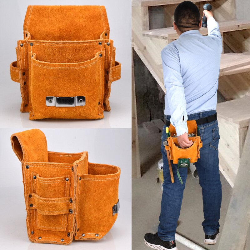 Multifunction Cowhide Cloth Toolkit Electrician Instrument Hardware Storage Pouch Waist Belt Tool Bag Hammer Ruler Storage
