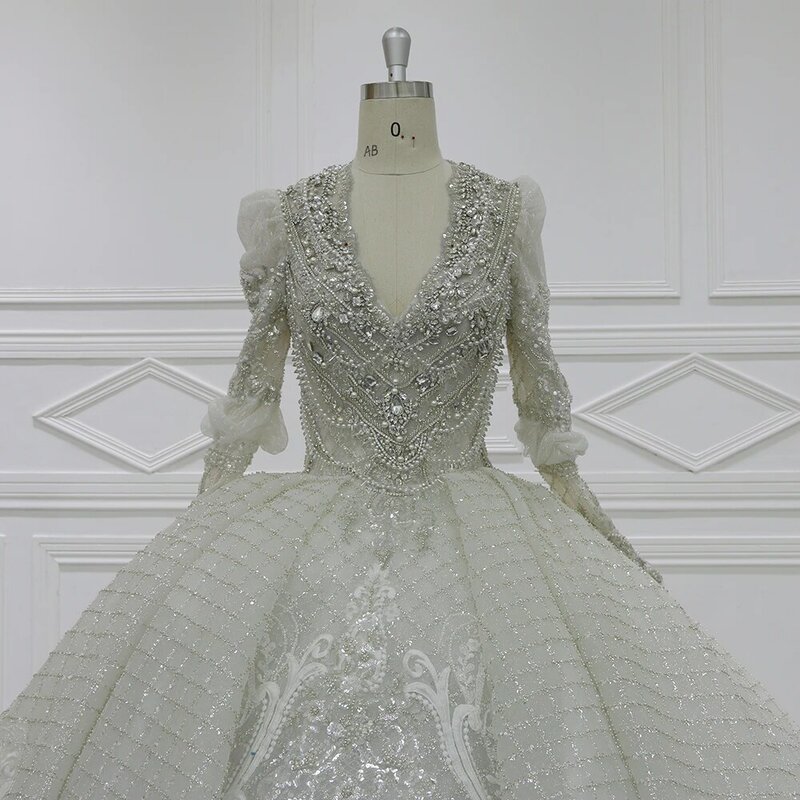 Vestido de novia de cristal real con velo de novia, traje de lujo de alta calidad con manga larga, 343