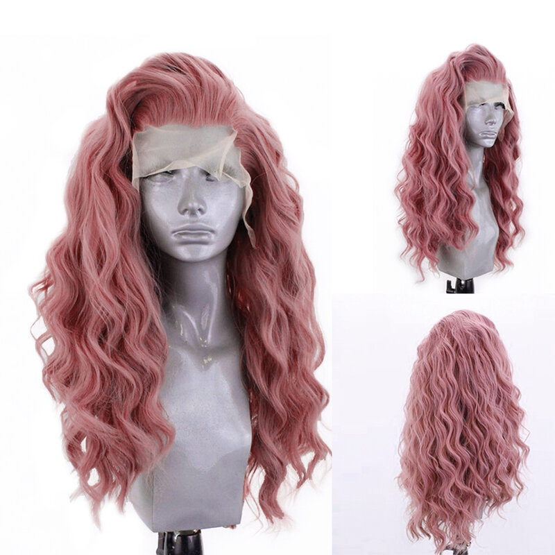 Diniwig rambut palsu renda sintetis, gelombang panjang kuning, untuk wanita garis rambut alami tahan panas serat rambut Cosplay penggunaan sehari-hari