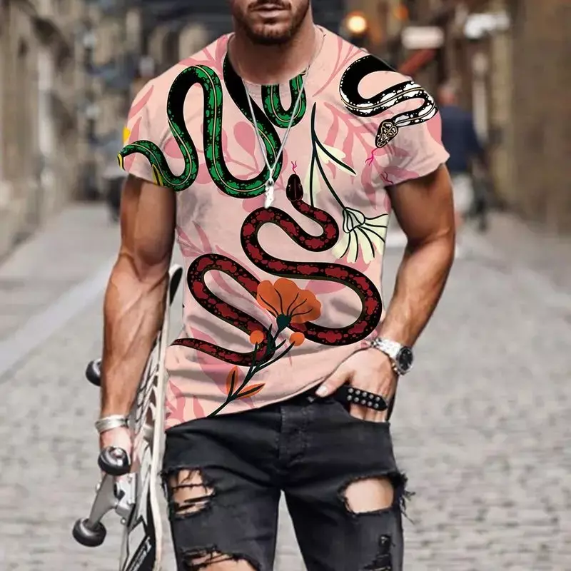 Camiseta con estampado 3d de serpiente de dibujos animados para hombre, camiseta de manga corta transpirable, moda informal creativa, ropa de verano