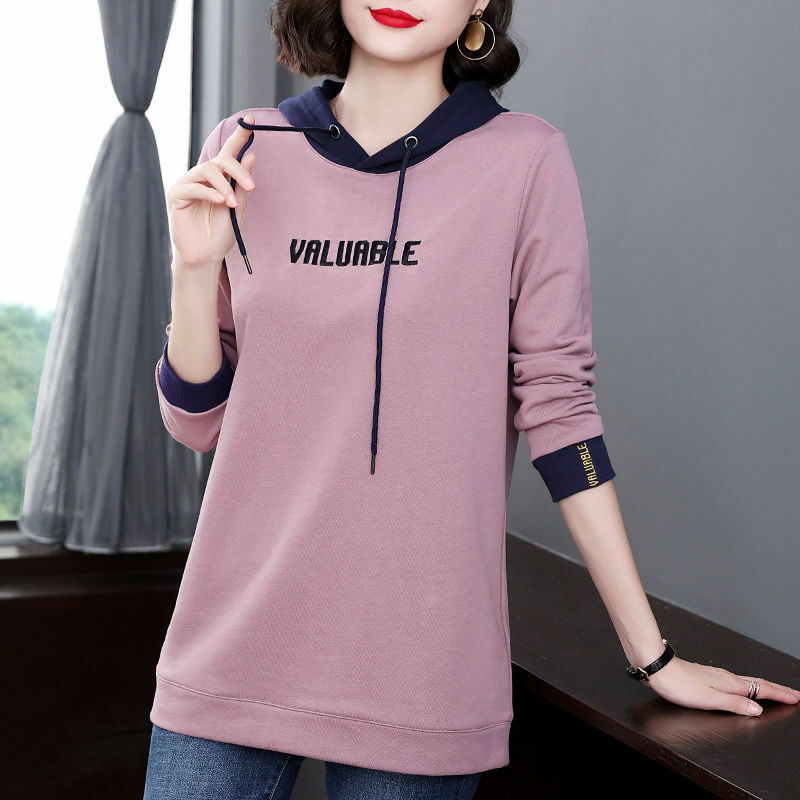 Fashion Spliced Letter Embroidery Hooded T-Shirt Women's Clothing 2023 Autumn Winter Oversized Casual Tops Commuter Tee Shirt