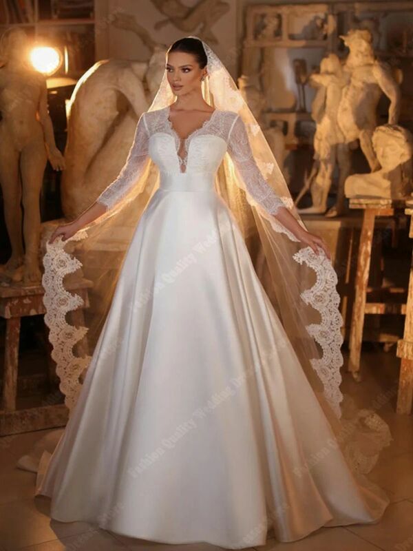 Cetim A-Line Vestidos De Noiva Para Casamento, Tecido Brilhante Liso, Vestidos De Noiva Simples, Comprimento De Esfregar, Princesa Romântica, Moda