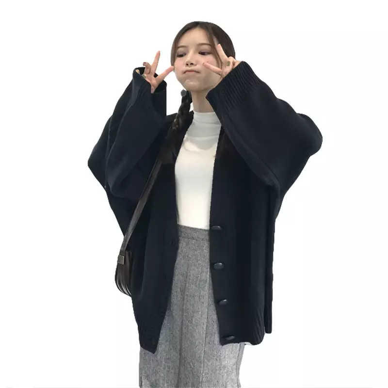 Warm Women Oversized Sweaters Coat Autumn Winter Tops Korean New Loose V-neck Pull Femme Plus Size Jacket Knitted Cardigan Short