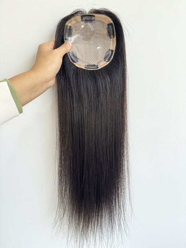 12X14cm 22inch Silk Top Human Hair Topper Ręcznie wiązana jedwabna podstawa Dziewicze brazylijskie nakładki na włosy z klipsem w treski dla kobiet