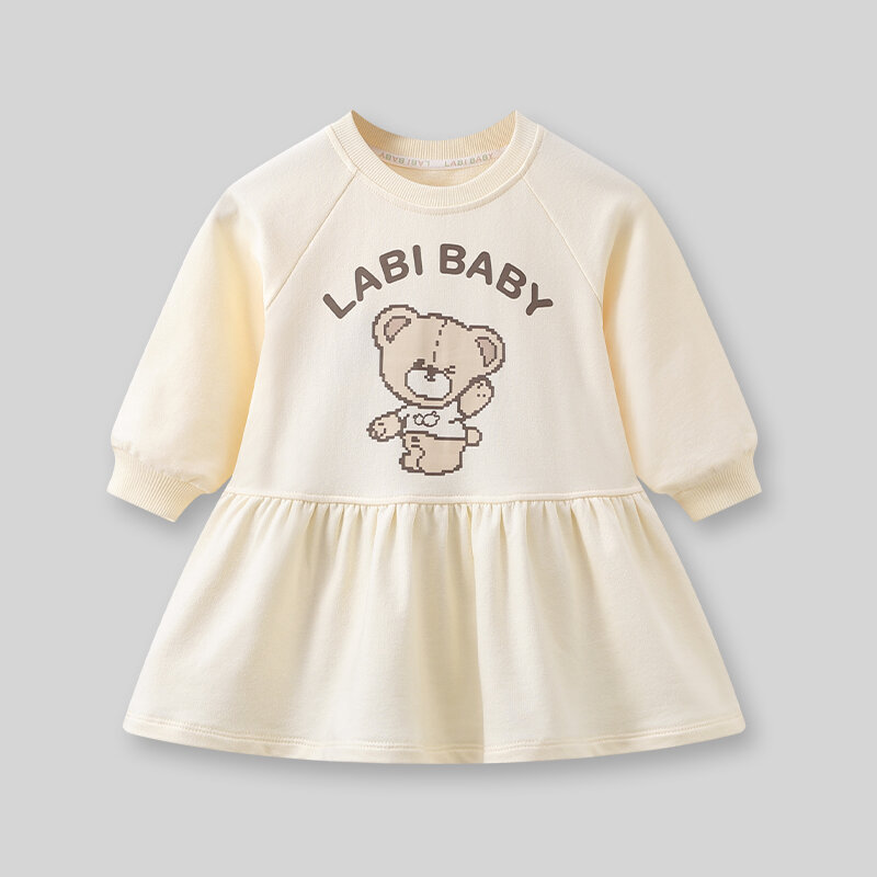 LABI BABY Casual Autumn Dresses for Girls Kids Long Sleeves Round Neck Dress Sweet Children Outdoor Clothing Toddler Clothes