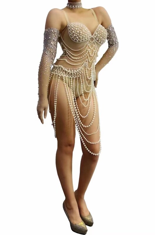 2023 Customized Tassels  Mesh Lace Transparent High Elastic Long Sleeved Pearl Sexy Tight Party Dress Stage Performance Dress