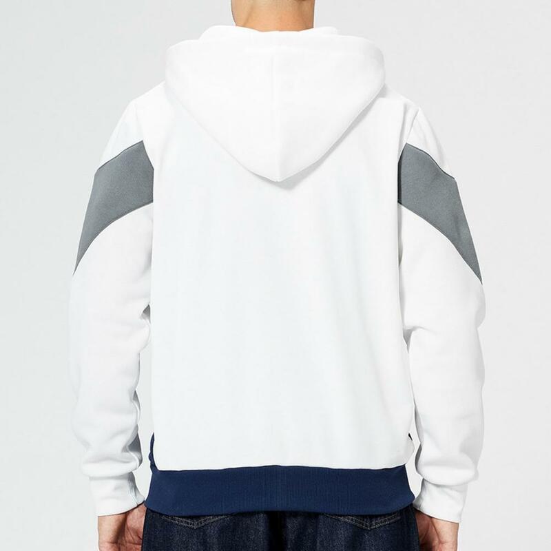 Hoodies masculinos zip up manga comprida velo cor bloco moletom com capuz contraste cor com capuz cordão retalhos hoodie casaco
