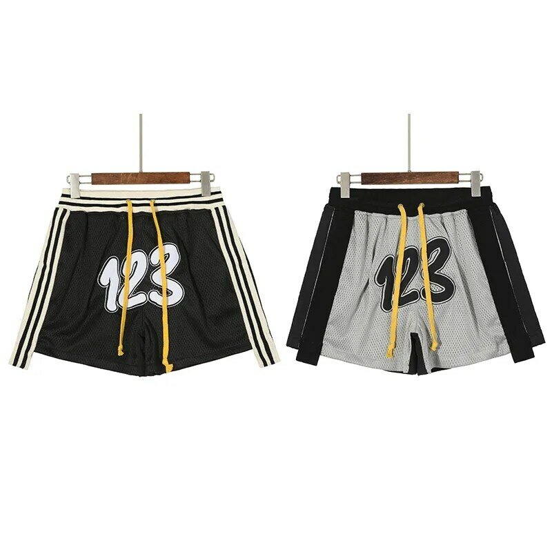 RRR123 RRRree Arrival Polyester Mesh Fabric Pants Digit Embroidery Oversize Drawstring Men Women New Webbing Track Stripe Shorts