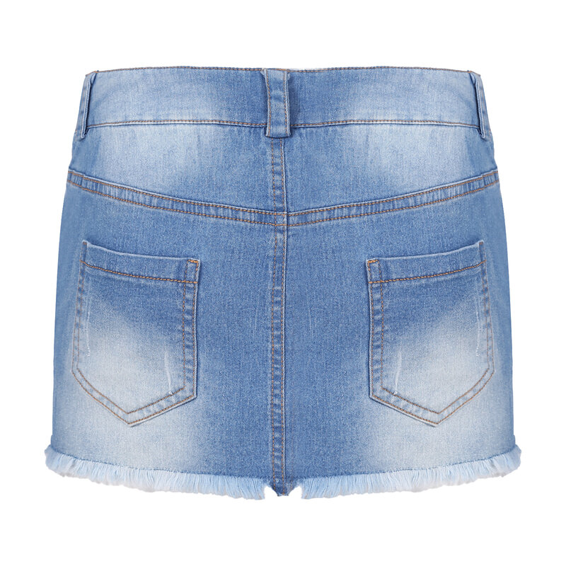 Women Sexy Denim Skirt Fashion Frayed Hem Short Skirts Summer Casual Mid Waisted Pockets Slim Fit Clubwear Solid Color Skirts