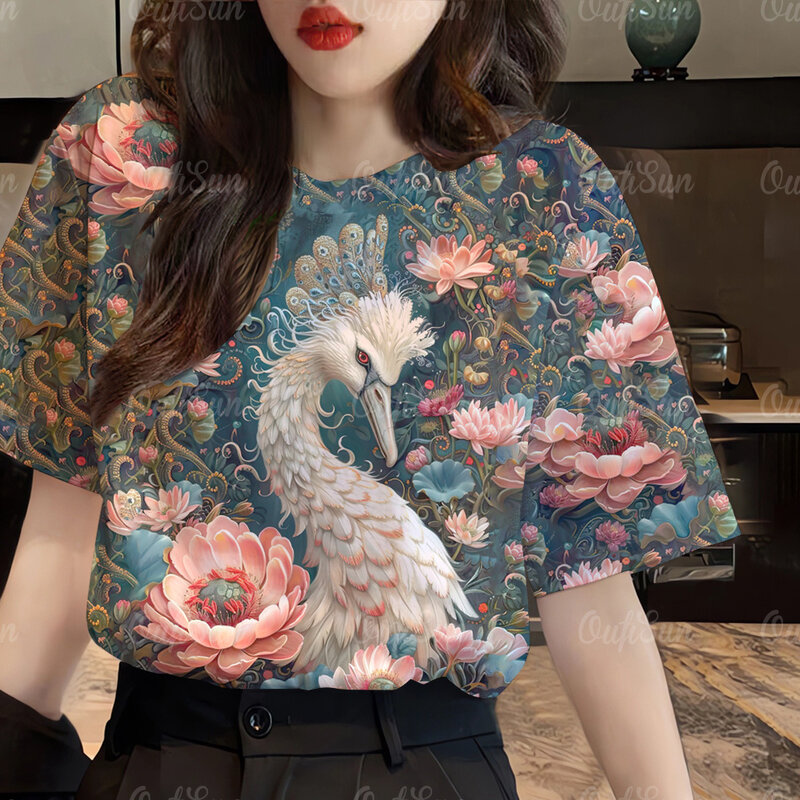 Camiseta 3D com estampa animal feminina, gola redonda, camiseta de mangas curtas, blusa solta, roupa casual, moda verão, novo, 2024