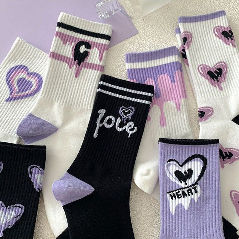 Trendy Purple Love Sports Socks Harajuku Socks English Letter American Funny Socks Hip Hop Skateboarding Socks