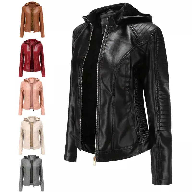 Jaqueta de couro do falso com capuz removível das mulheres motocicleta motociclista casaco curto outono e inverno moda casual fino plutônio bombardeiro casaco