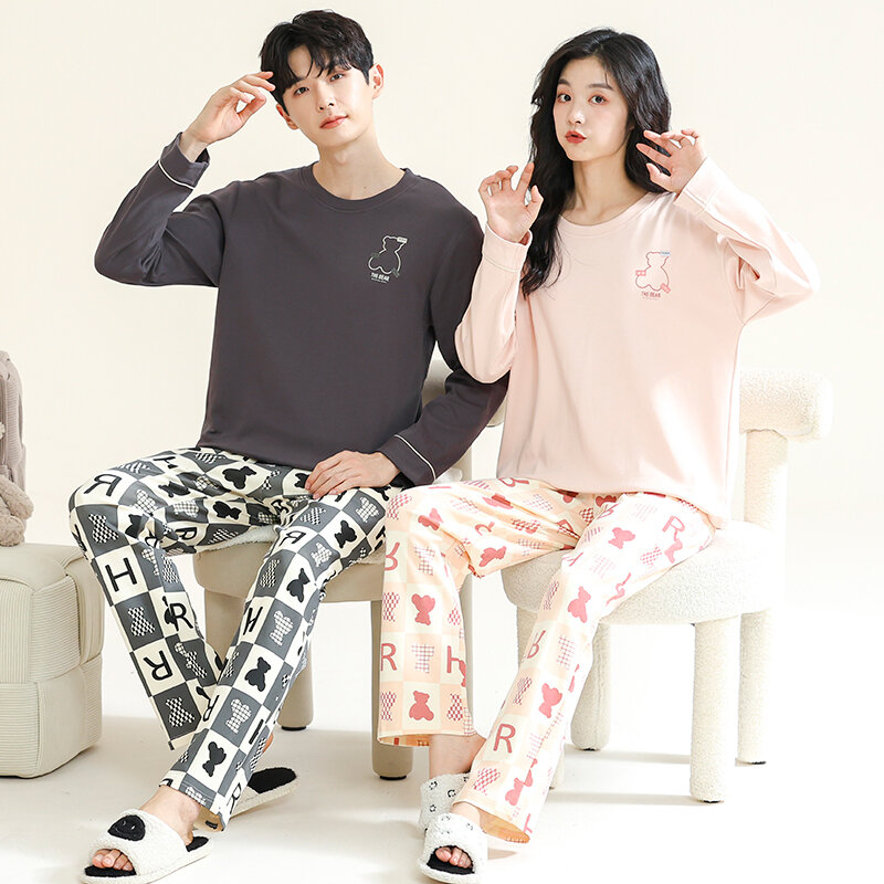 Pijama coreano de algodão combinado para casais, loungewear bonito para mulheres e homens, roupas de casa doce, primavera