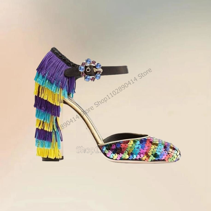 Sepatu hak tinggi berpayet warna-warni, sepatu pump jari bulat, dekorasi rumbai, sepatu gesper pergelangan kaki, sepatu hak tinggi Chunky, 2024