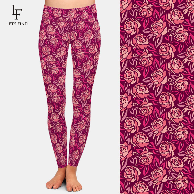 LETSFIND nowy abstrakcyjny wzór róży kwiat drukowanie kobiet legginsy wysokiej talii miękkie legginsy treningowe