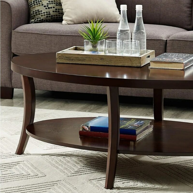 Contemporary Oval Coffee Table With Shelf Espresso Café Furniture