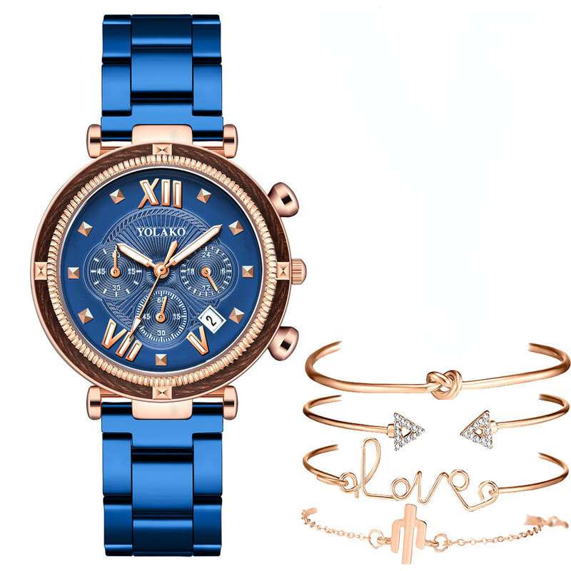 แฟชั่น5Pcs เซ็ตนาฬิกาผู้หญิงสีฟ้านาฬิกาผู้หญิงสแตนเลสอัตโนมัติวันที่นาฬิกาข้อมือควอตซ์ Montre Pour Femme Reloj Mujer 2022