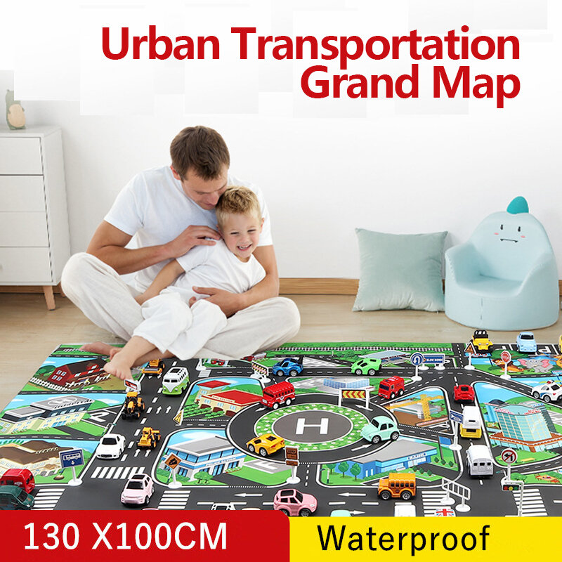 Alfombra de juego impermeable para niños, juguete educativo de escalada, mapa de carretera de tráfico, Escena de ciudad, coche, agua