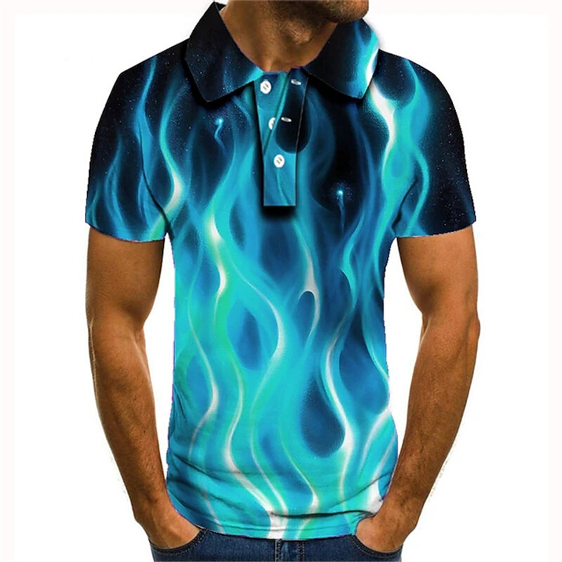 Polo de tenis para hombre, camisa de Golf con estampado gráfico de llama roja, estampado 3D, camisetas informales de calle de manga corta con botones, ropa