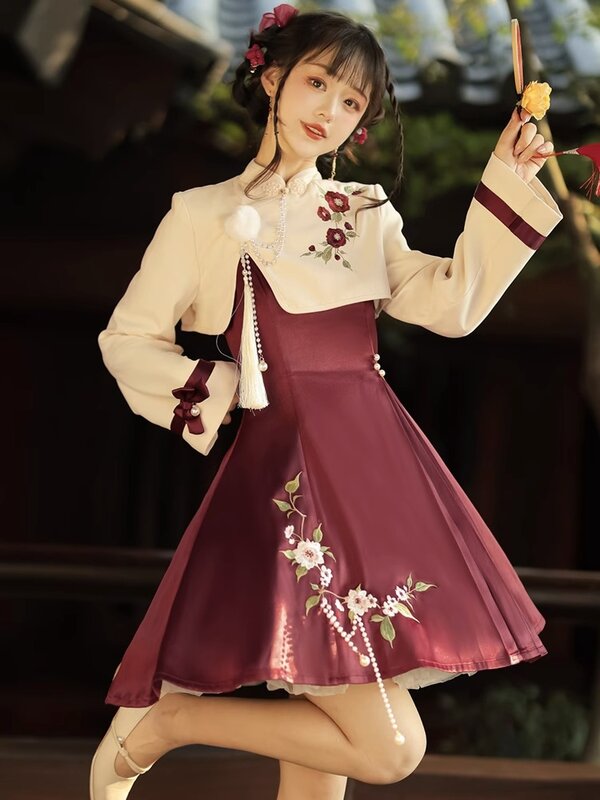 Hanfu jaket gaya Tiongkok asli, Gaun mantel bergaya Tiongkok baru, baju musim semi dan musim gugur untuk wanita