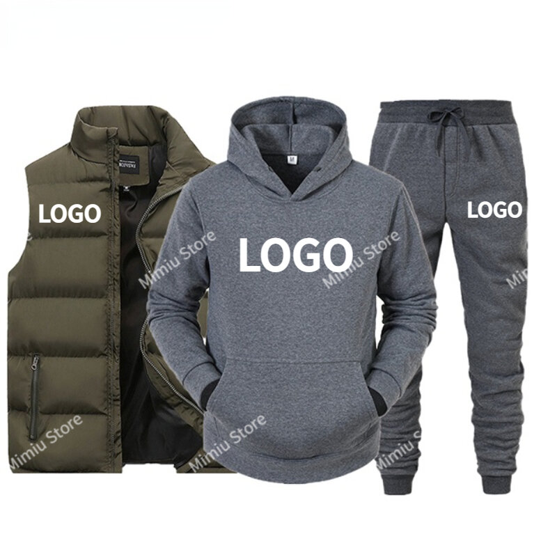 Własne LOGO dres męski marki kamizelka + bluza z kapturem + spodnie 3 częściowy zestaw wiosna jesień moda Streetwear mężczyzna odzież sportowa