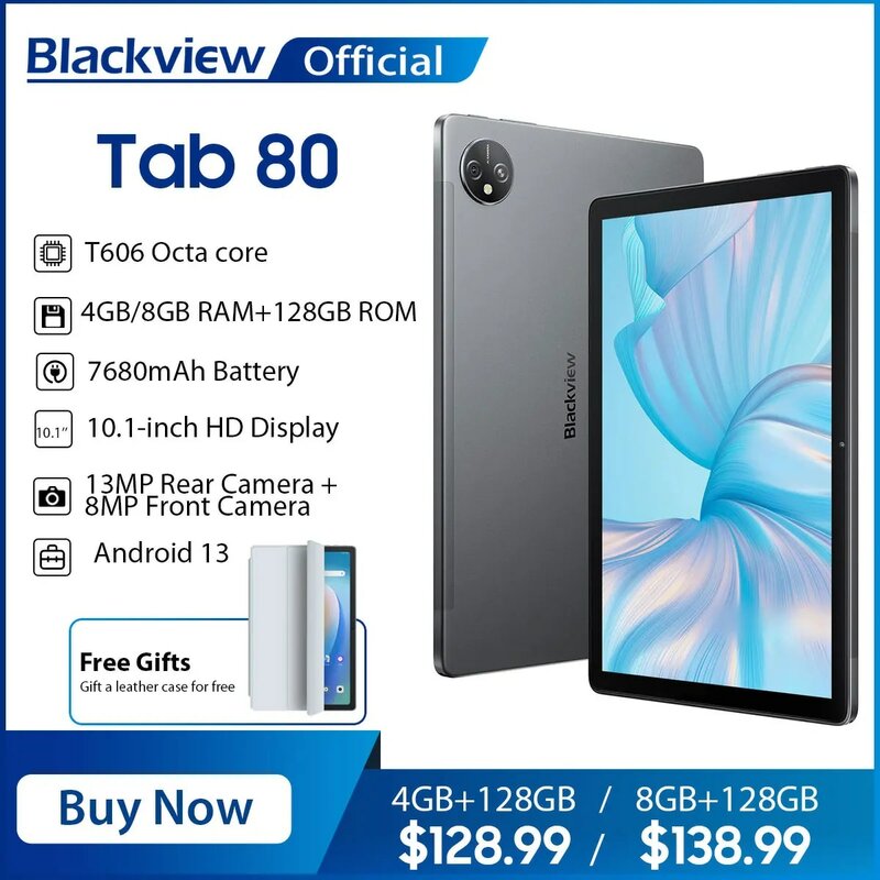 Blackview-Tablet Android 13, Tab 80, 8GB, 128GB, 10.1 "HD Display, T606 Octa Core, 7680mAh, 2.4G, 5G WiFi, câmera traseira de 13MP, 4G