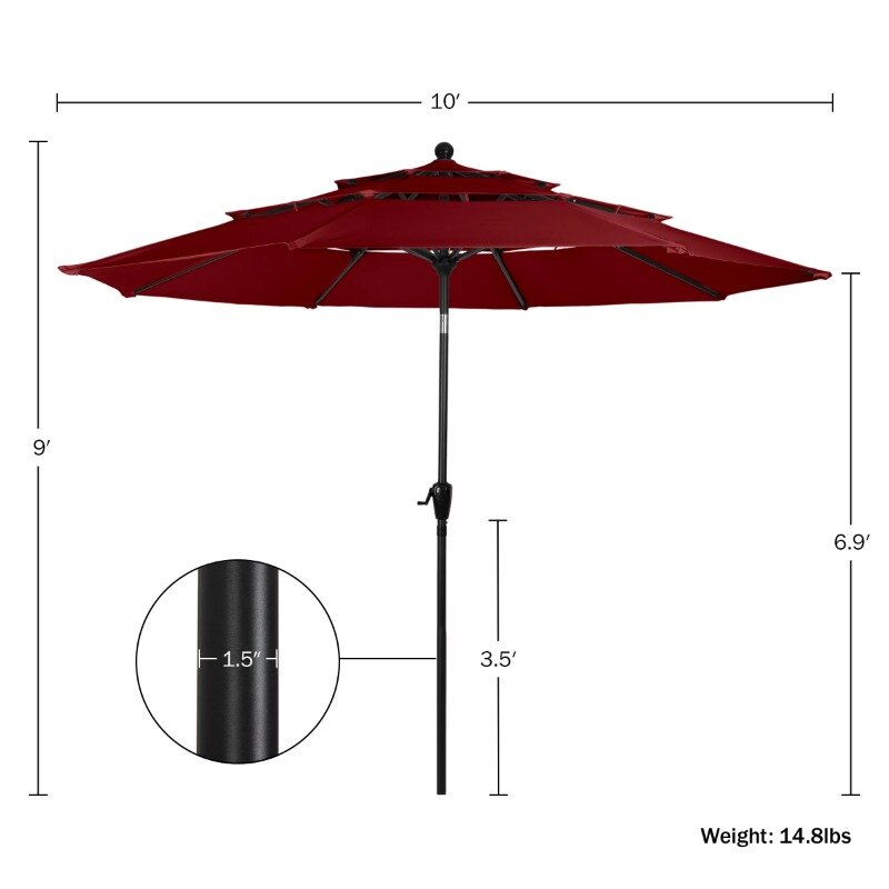 Parapluie à 3 niveaux avec bouton poussoir inclinable et manivelle facile à ouvrir, parasol d'extérieur pour terrasse, cour ou piscine, 10 pieds.