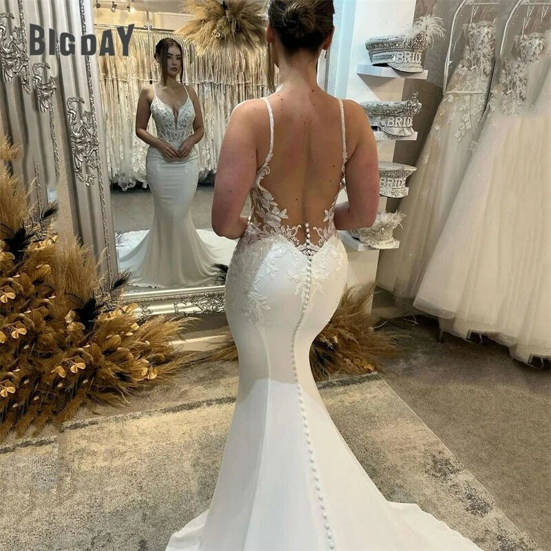 Elegant Mermaid Wedding Dress Women V-Neck Lace Open Back Spaghetti Straps Sleeveless Bridal Gown Sweep Train Vestidos De Noiva