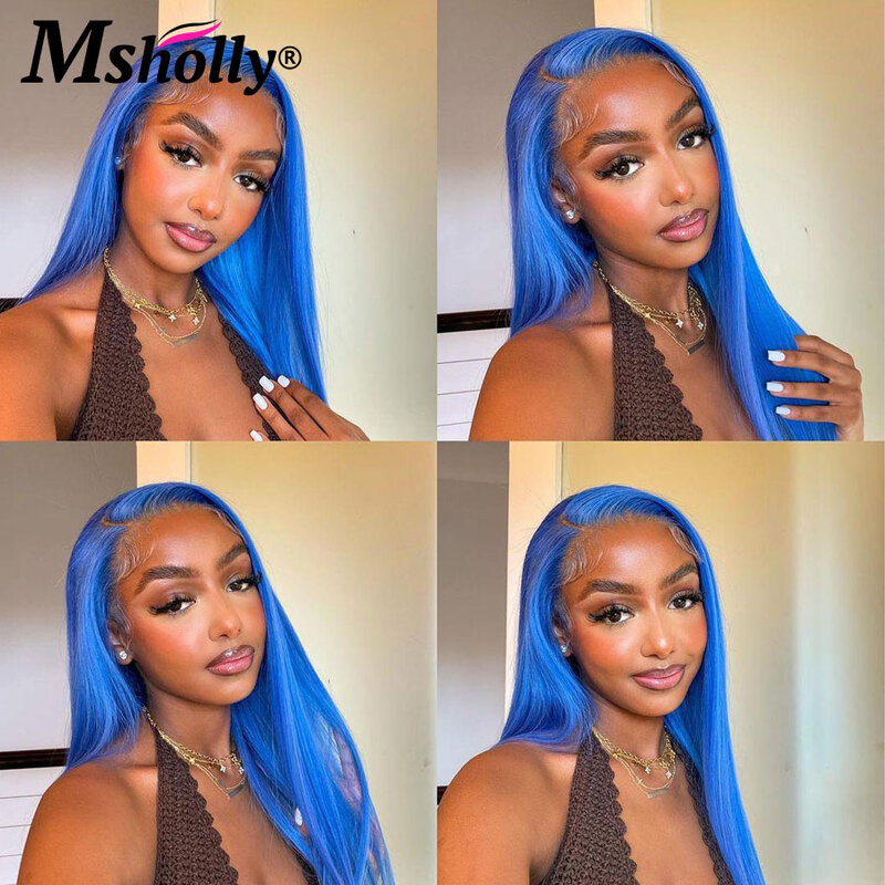 Peruca de cabelo humano reta azul para mulheres, peruca sem cola, linha fina natural, pré-arrancada, laço transparente HD, 13x6