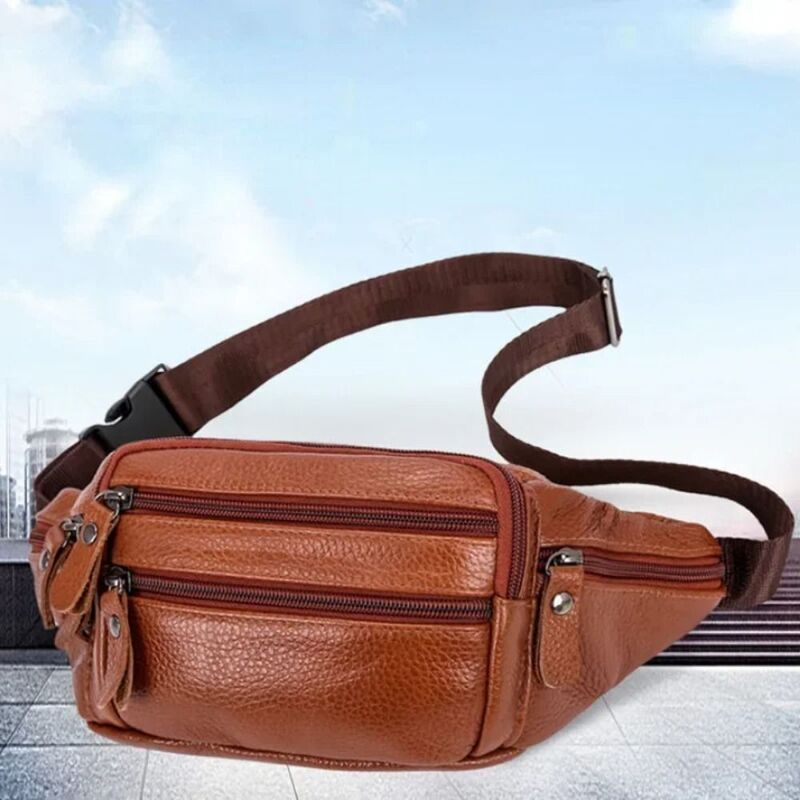 PU Leather Men's Waist Bag Multifunctional Multi-layered Large Capacity Travel Phone Bag Zipper Waterproof Waist Purse Pack