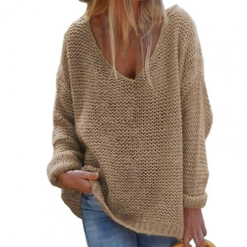 V-Neck Long Sleeve Knitted Top Women Loose Fit Women Autumn Sweater Streetwear Solid Color Simple Pullover Sweater
