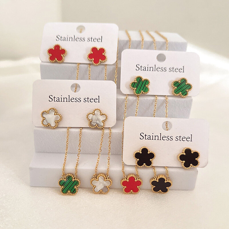 Luxo Five Leaf Flower Pendant Necklace Jóias para mulheres, brincos, pulseiras de aço inoxidável Clover, presente da moda