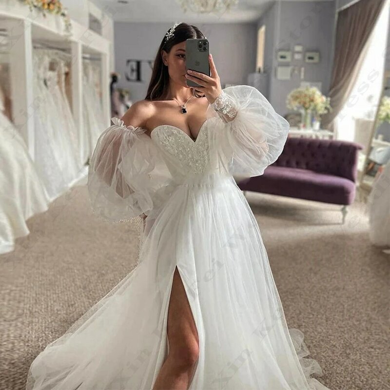 Sexy hübsche Meerjungfrau rücken freie Brautkleider einfach schulter frei flauschige lang ärmel ige hoch geschlitzte flauschige Prinzessin Stil Brautkleider