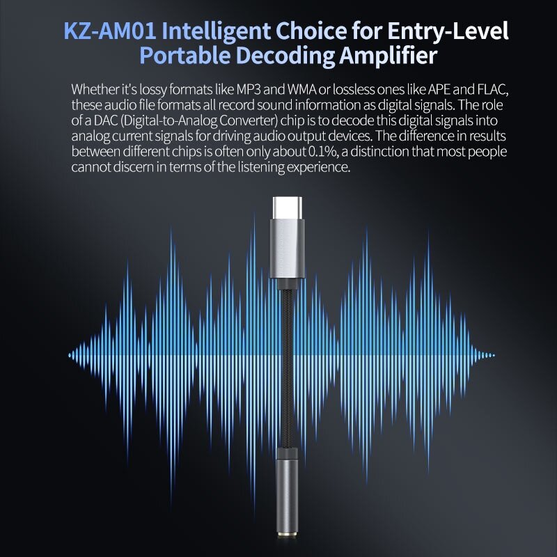 Аудиоадаптер KZ AM01 с Type-C на 3,5 мм, 32 бит/384 кГц, Hi-Fi DAC + IC усилитель, двухчиповый аудиокабель для наушников, аудиокабель для KZ caster Kilra