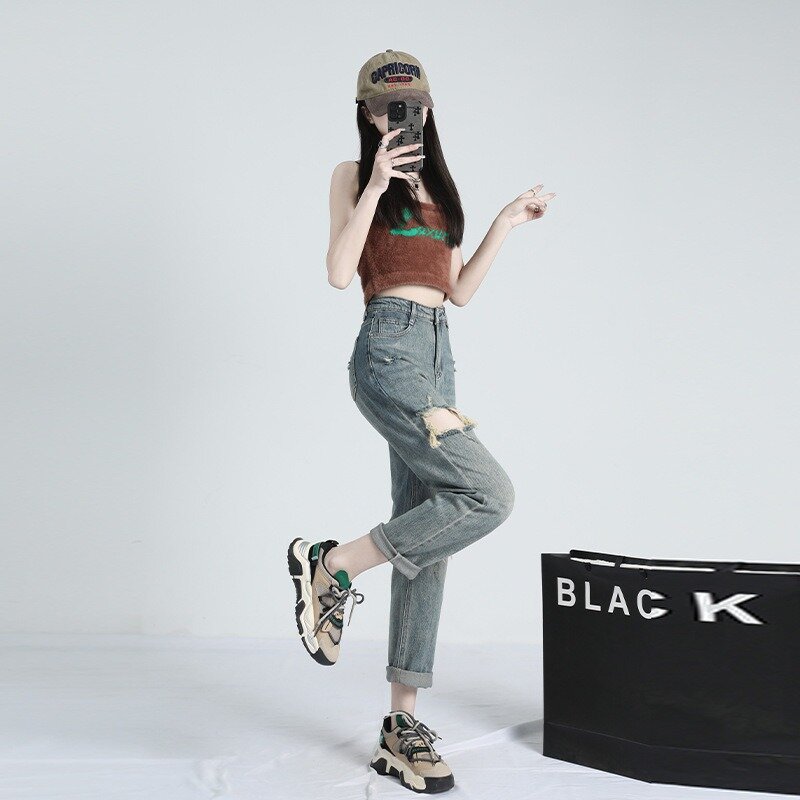 Classic Distressed Jeans for Women High Waist Slim Effect Summer Straight Dad Pants Small Fellow Girls Harlan Hole Denim Pants