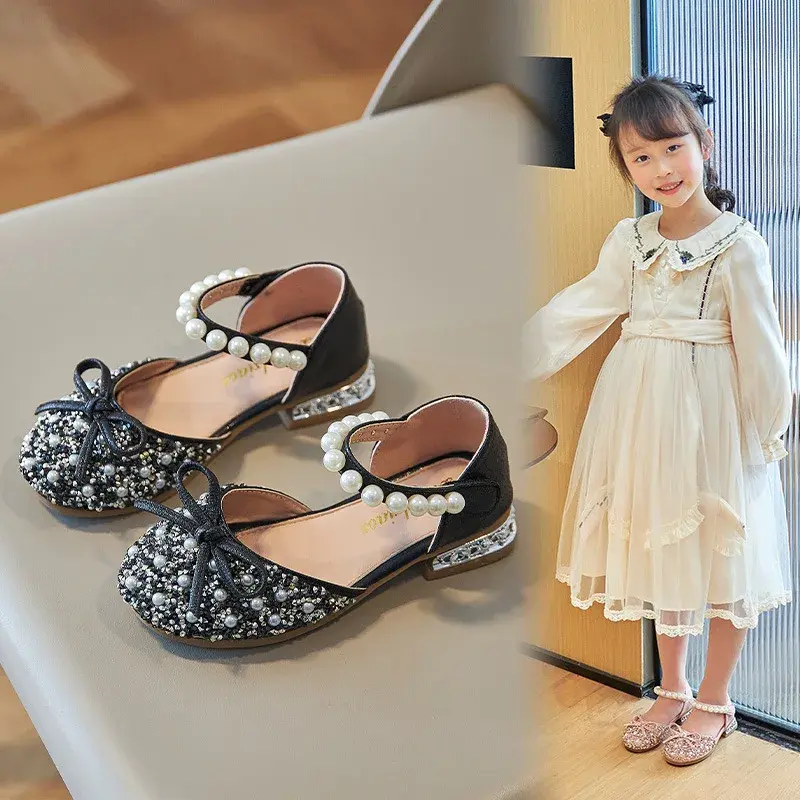Сандалии для девочек, модная обувь принцессы, весна-лето, новинка, сандалии на плоской подошве с жемчугом и блестками, простая детская обувь, женская свадебная обувь H719