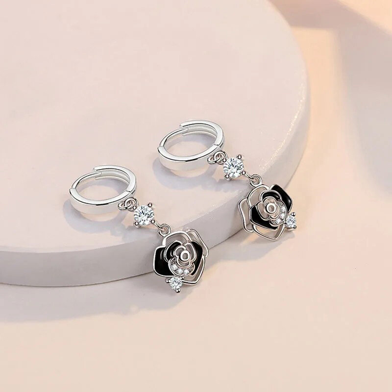 ALIZERO-pendientes de plata de ley 925 con forma de Rosa Negra para mujer, joyería para boda, fiesta de compromiso, pendientes de gota de flor de circón