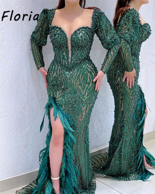 Elegante Dubai smaragdgrüne Meerjungfrau Abendkleider Feder Pailletten Schlitz Hochzeits feier Kleid Perlen lange Ärmel formelle Gelegenheit